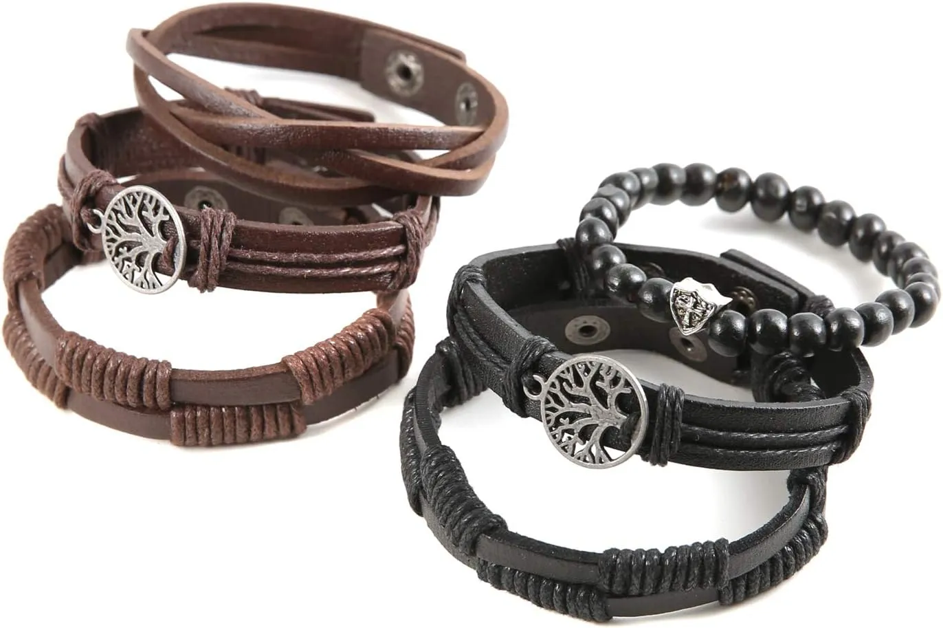 HZMAN Genuine Leather Tree of life Bracelets Men Women, Tiger Eye Natural Stone Lava Rock Beads Ethnic Tribal Elastic Bracelets Wristbands
