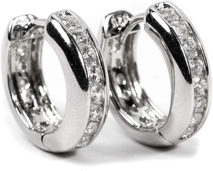 Iced CZ Huggie Trendy Elegant Hypoallergenic Solid White Gold Plated 925 Sterling Silver Brilliant Cubic Zirconia Thick Channel Set Huggie Hoop Earrings For Men Women