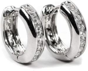 Iced CZ Huggie Trendy Elegant Hypoallergenic Solid White Gold Plated 925 Sterling Silver Brilliant Cubic Zirconia Thick Channel Set Huggie Hoop Earrings For Men Women