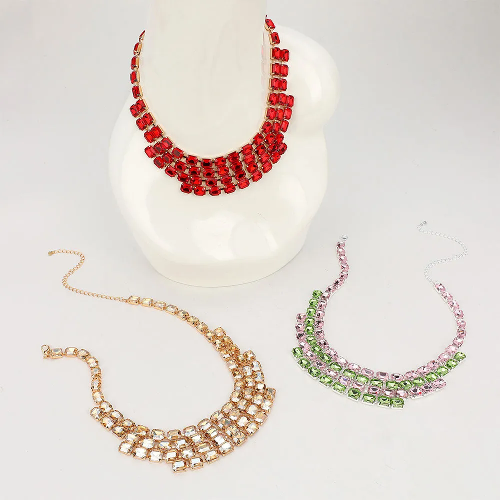 iLLASPARKZ Emerald Cut Glass Stone Cluster Layered Collar Evening Necklace