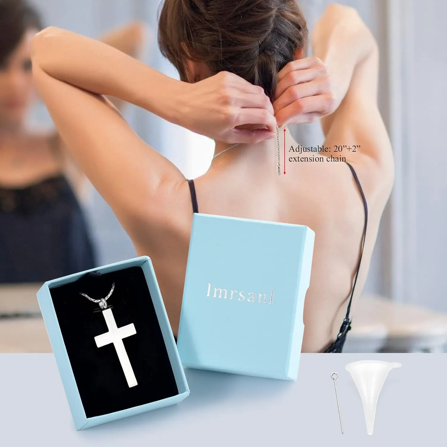 Imrsanl Crystal Cross Necklace for Ashes - Stainless Steel Keepsake Cremation Jewelry - Religious Cross Memorial Urn Necklace for Pet Human Ashes Pendant