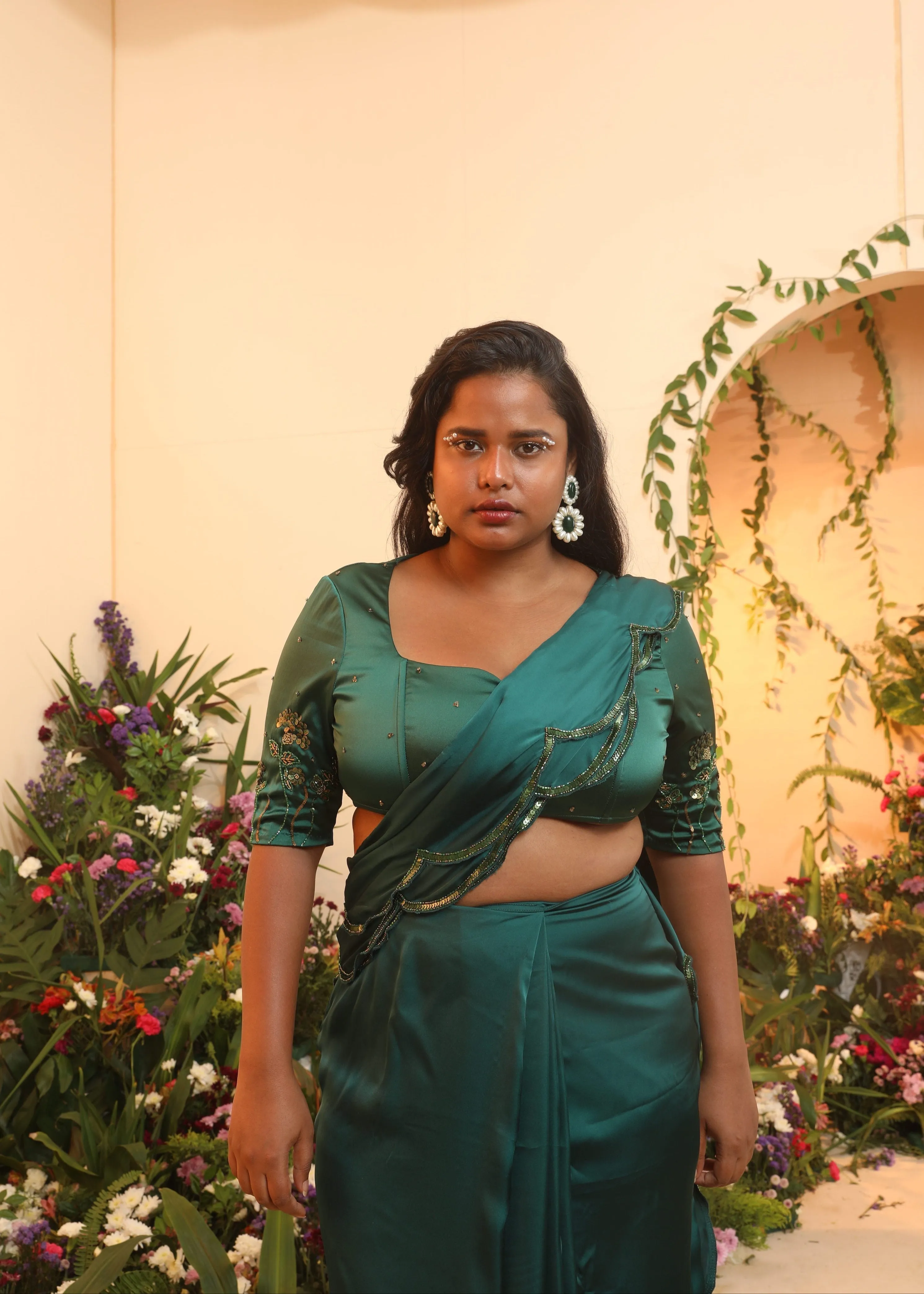 Iniya Emerald Scallop Satin Pre-Stitched Saree