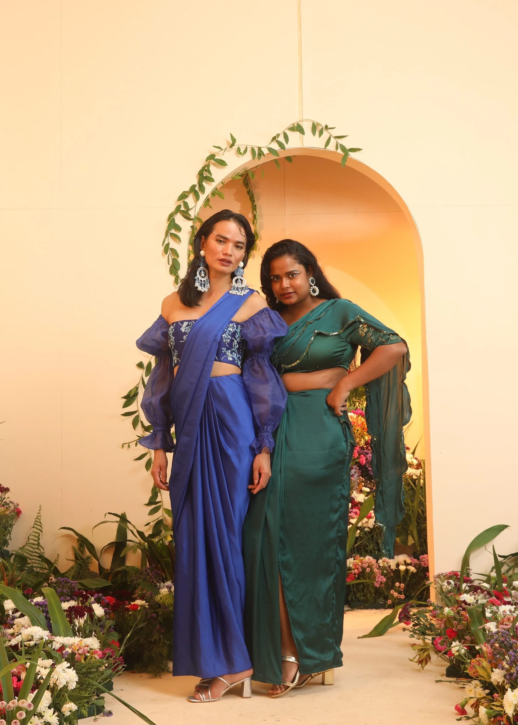 Iniya Emerald Scallop Satin Pre-Stitched Saree
