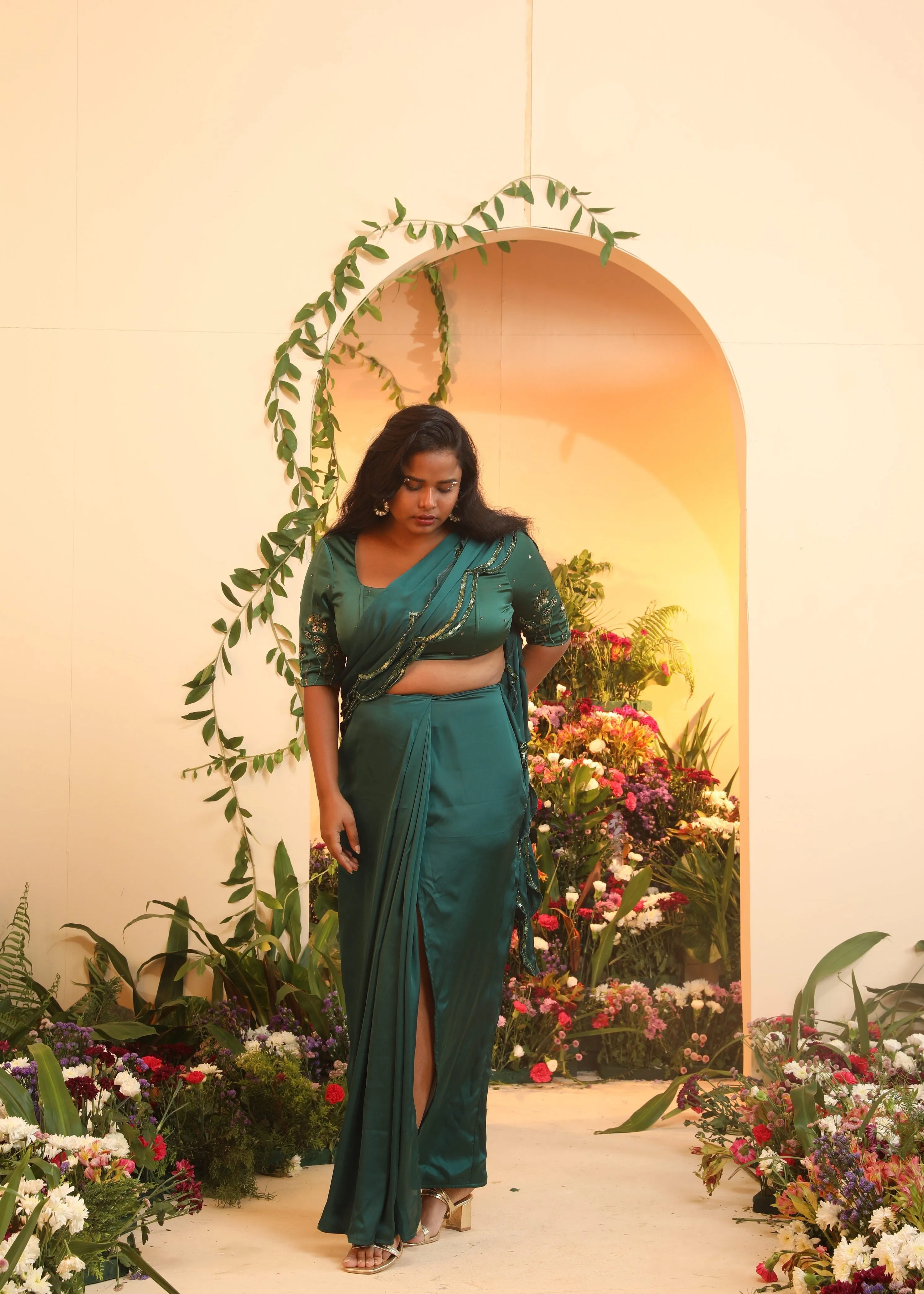 Iniya Emerald Scallop Satin Pre-Stitched Saree