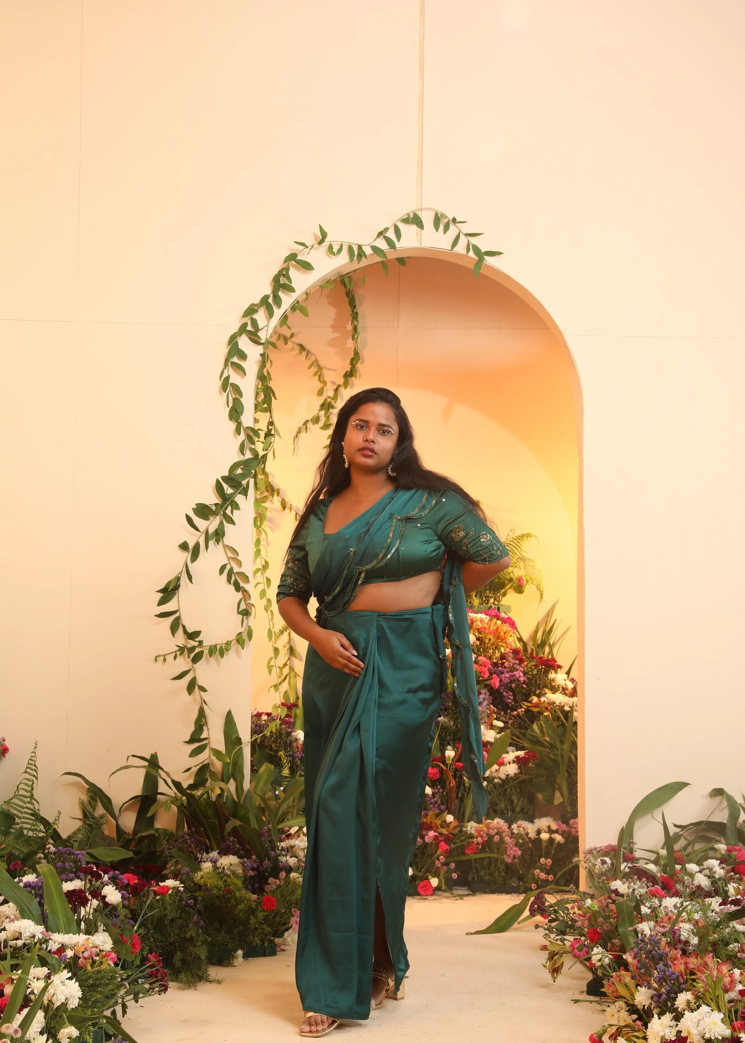 Iniya Emerald Scallop Satin Pre-Stitched Saree