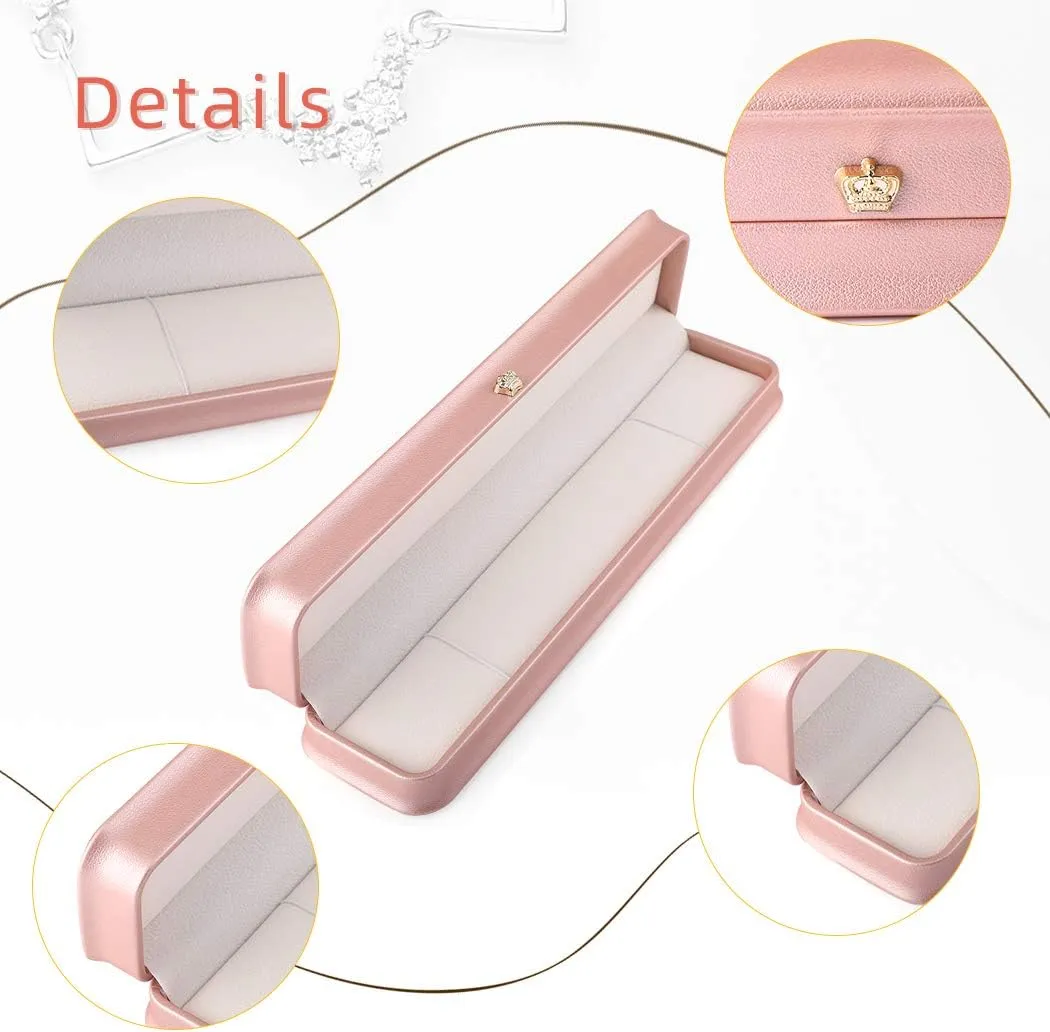 iSuperb Set of 2 Pink Necklace Long Chain Box Bracelet Jewelry Storage Case PU Leather Pendant Chain Gift for Wedding Anniversary Engagement