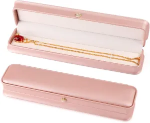 iSuperb Set of 2 Pink Necklace Long Chain Box Bracelet Jewelry Storage Case PU Leather Pendant Chain Gift for Wedding Anniversary Engagement