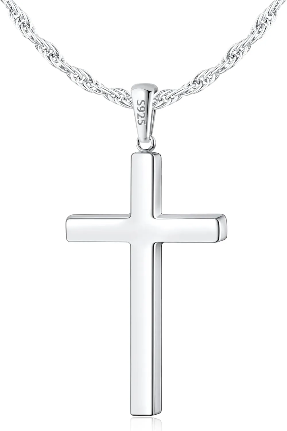 Italian 925 Sterling Silver Cross Necklace for Men, 18k Gold Over Real Silver Cross Necklace with 2.5mm Top Craftsmanship Rope Chain for Men Boys Women, Sturdy Shiny Non Tarnish 16-26 Inch