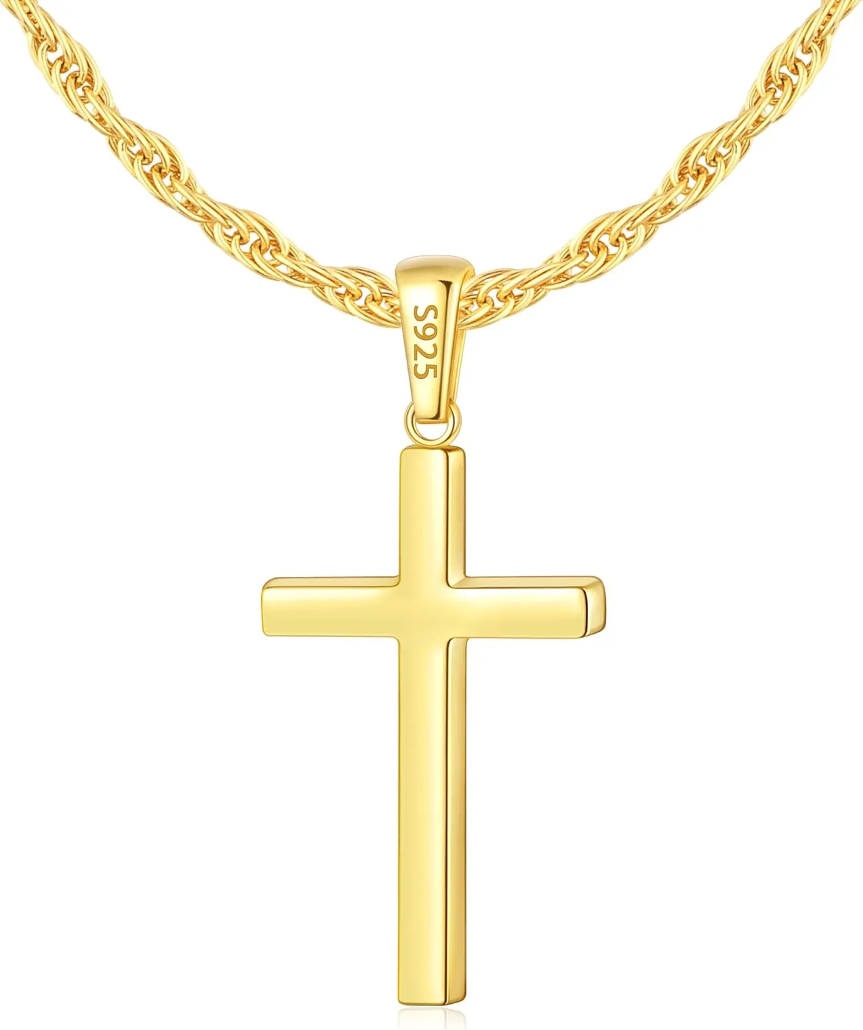 Italian 925 Sterling Silver Cross Necklace for Men, 18k Gold Over Real Silver Cross Necklace with 2.5mm Top Craftsmanship Rope Chain for Men Boys Women, Sturdy Shiny Non Tarnish 16-26 Inch