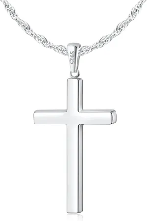 Italian 925 Sterling Silver Cross Necklace for Men, 18k Gold Over Real Silver Cross Necklace with 2.5mm Top Craftsmanship Rope Chain for Men Boys Women, Sturdy Shiny Non Tarnish 16-26 Inch