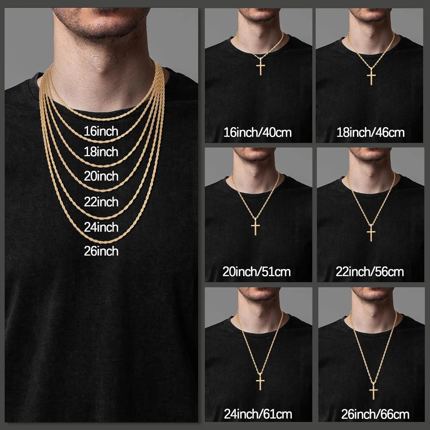 Italian 925 Sterling Silver Cross Necklace for Men, 18k Gold Over Real Silver Cross Necklace with 2.5mm Top Craftsmanship Rope Chain for Men Boys Women, Sturdy Shiny Non Tarnish 16-26 Inch