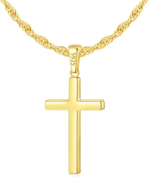 Italian 925 Sterling Silver Cross Necklace for Men, 18k Gold Over Real Silver Cross Necklace with 2.5mm Top Craftsmanship Rope Chain for Men Boys Women, Sturdy Shiny Non Tarnish 16-26 Inch