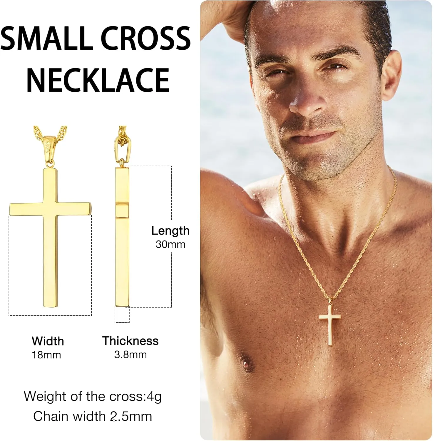 Italian 925 Sterling Silver Cross Necklace for Men, 18k Gold Over Real Silver Cross Necklace with 2.5mm Top Craftsmanship Rope Chain for Men Boys Women, Sturdy Shiny Non Tarnish 16-26 Inch