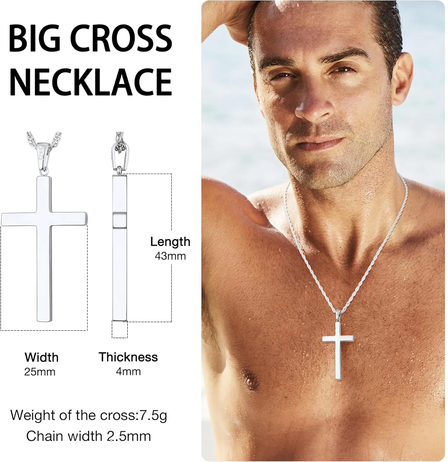 Italian 925 Sterling Silver Cross Necklace for Men, 18k Gold Over Real Silver Cross Necklace with 2.5mm Top Craftsmanship Rope Chain for Men Boys Women, Sturdy Shiny Non Tarnish 16-26 Inch