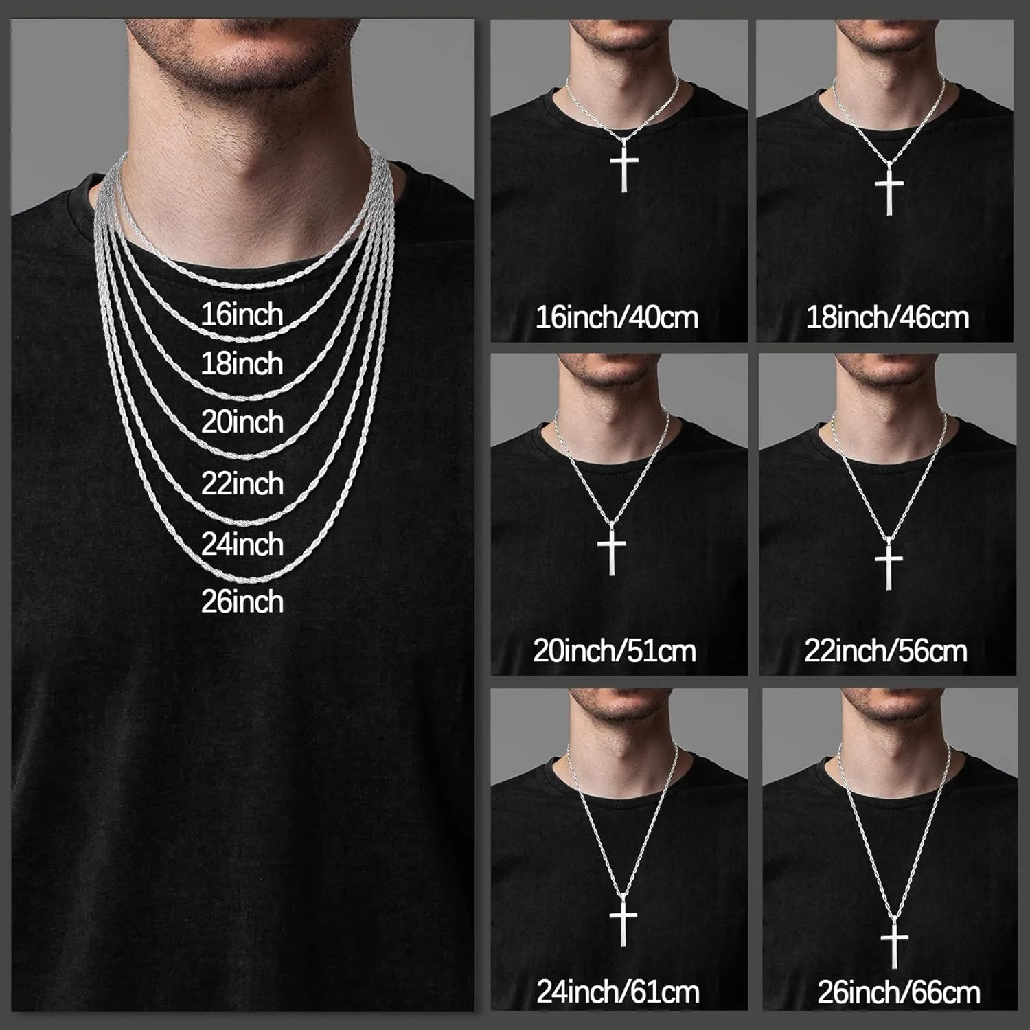 Italian 925 Sterling Silver Cross Necklace for Men, 18k Gold Over Real Silver Cross Necklace with 2.5mm Top Craftsmanship Rope Chain for Men Boys Women, Sturdy Shiny Non Tarnish 16-26 Inch