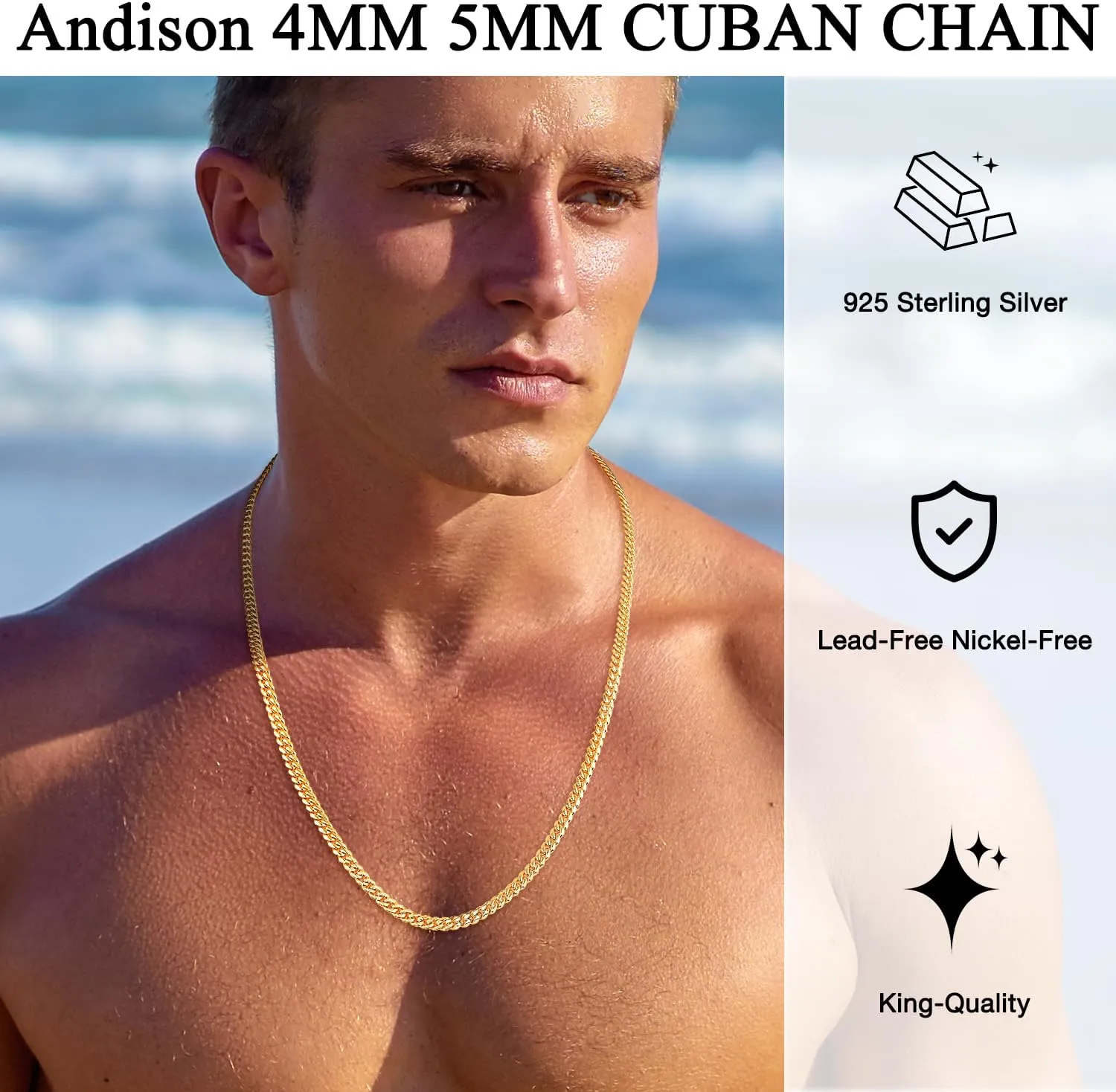 Italian Solid 14k Gold/Silver Chain Necklace for Men, 4mm 5mm Cuban Link Chain Necklace for Men, Sturdy & Comfortable & Shiny 16/18/20/22/24/26 Inchs