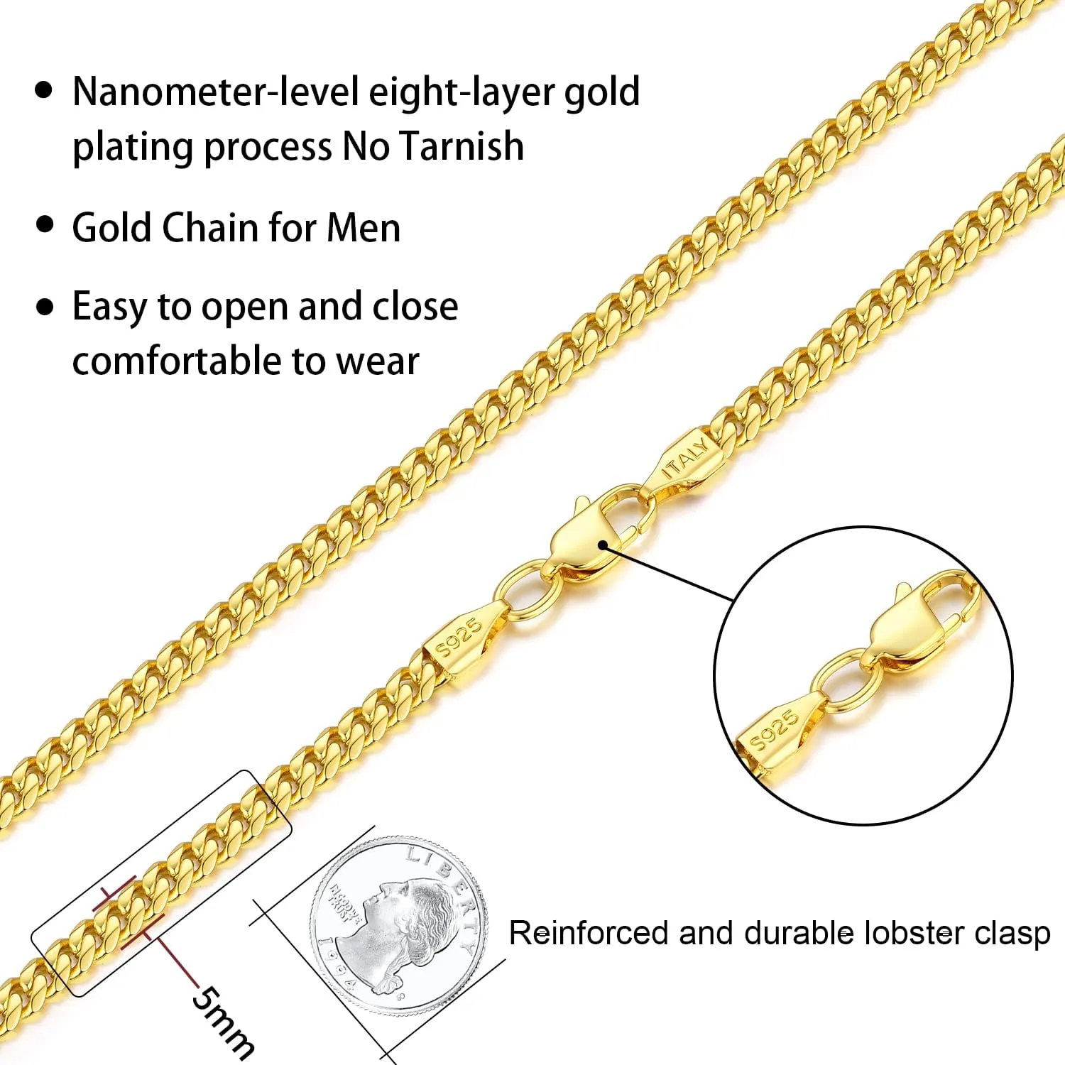 Italian Solid 14k Gold/Silver Chain Necklace for Men, 4mm 5mm Cuban Link Chain Necklace for Men, Sturdy & Comfortable & Shiny 16/18/20/22/24/26 Inchs
