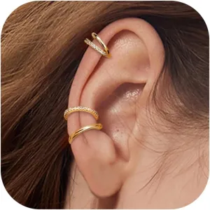 JeryWe Chunky Ear Cuff for Women - 14K Gold Plated Huggie Hoop, Faux Diamond Non Piercing Cuff Earrings, Clip On Elegant Ear Clips, Cartilage Wrap, Fashionable Fake Earring Cuffs for Non Pierced Ears