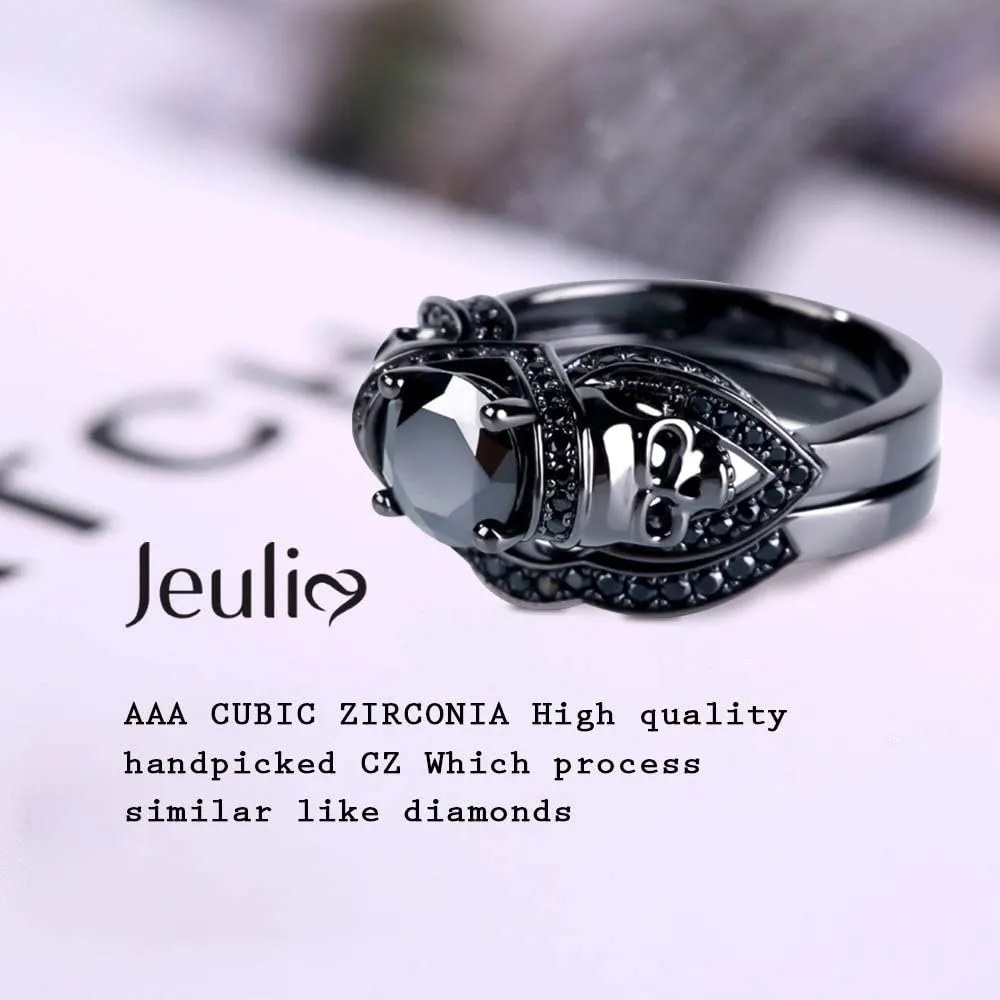 Jeulia 3.6 Carat Black Tone Skull Rings for Women Men Sterling Silver Round Cut Engagement Rings Bridal Sets Wedding Rings Cubic Zirconia Promise Engagement Anniversary with Jewelry Box