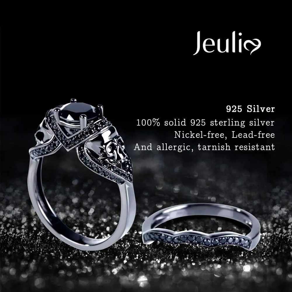 Jeulia 3.6 Carat Black Tone Skull Rings for Women Men Sterling Silver Round Cut Engagement Rings Bridal Sets Wedding Rings Cubic Zirconia Promise Engagement Anniversary with Jewelry Box