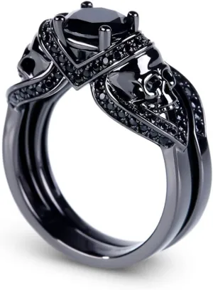 Jeulia 3.6 Carat Black Tone Skull Rings for Women Men Sterling Silver Round Cut Engagement Rings Bridal Sets Wedding Rings Cubic Zirconia Promise Engagement Anniversary with Jewelry Box