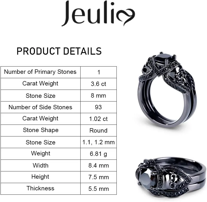 Jeulia 3.6 Carat Black Tone Skull Rings for Women Men Sterling Silver Round Cut Engagement Rings Bridal Sets Wedding Rings Cubic Zirconia Promise Engagement Anniversary with Jewelry Box