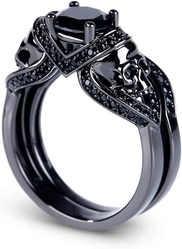 Jeulia 3.6 Carat Black Tone Skull Rings for Women Men Sterling Silver Round Cut Engagement Rings Bridal Sets Wedding Rings Cubic Zirconia Promise Engagement Anniversary with Jewelry Box