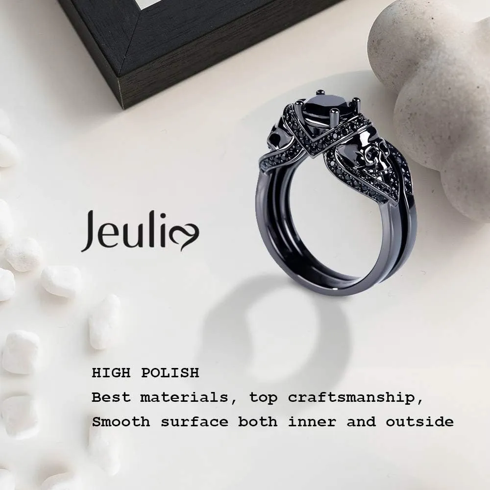 Jeulia 3.6 Carat Black Tone Skull Rings for Women Men Sterling Silver Round Cut Engagement Rings Bridal Sets Wedding Rings Cubic Zirconia Promise Engagement Anniversary with Jewelry Box