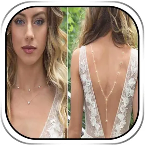 Jeweky Layered Wedding Back Necklace Crystal Back Body Chain Gold Necklaces Pendant Jewelry for Women