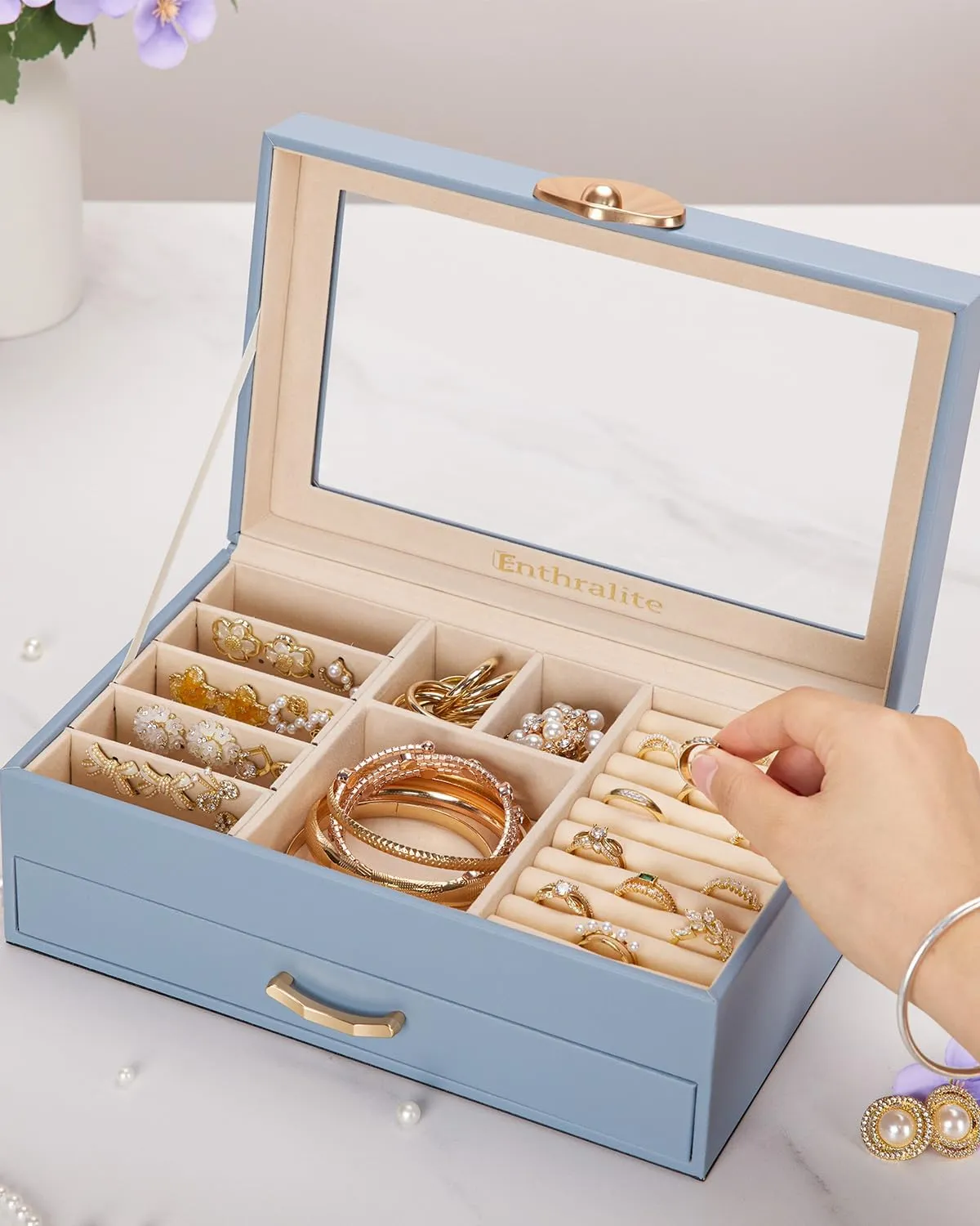 Jewelry Box with 1 Drawers: Display Organizer for Earrings Necklaces - Gift for Girls Women (Grey Blue)