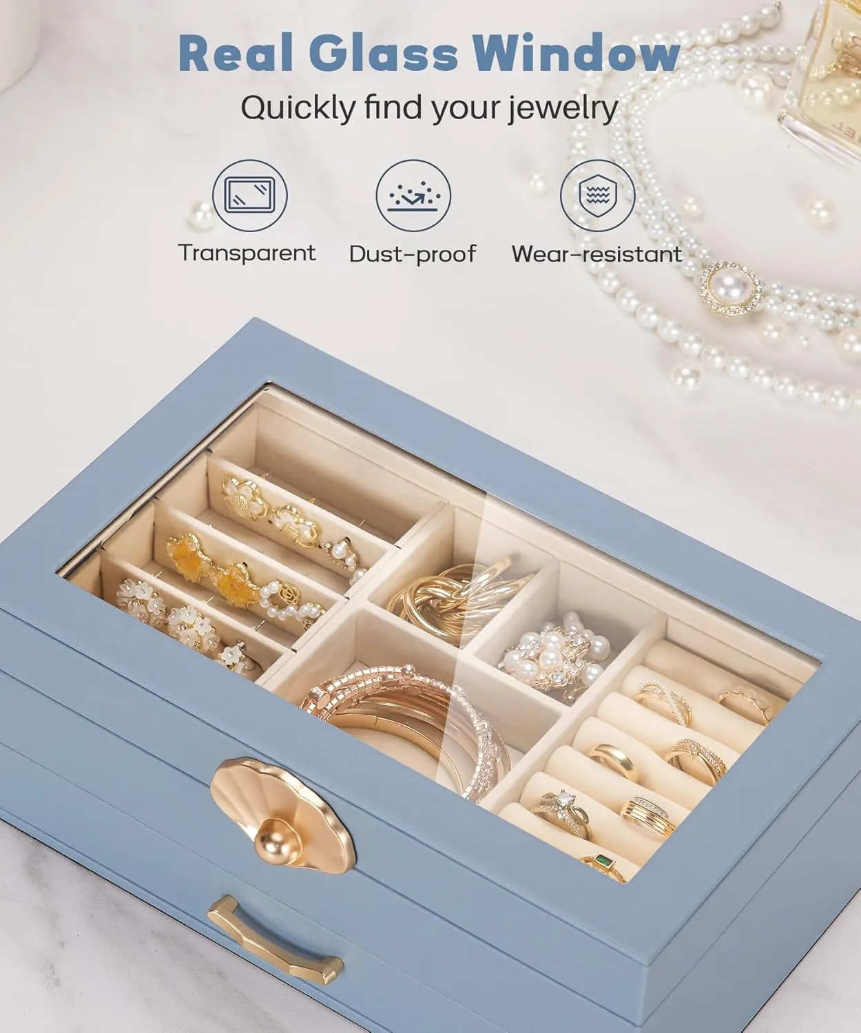 Jewelry Box with 1 Drawers: Display Organizer for Earrings Necklaces - Gift for Girls Women (Grey Blue)