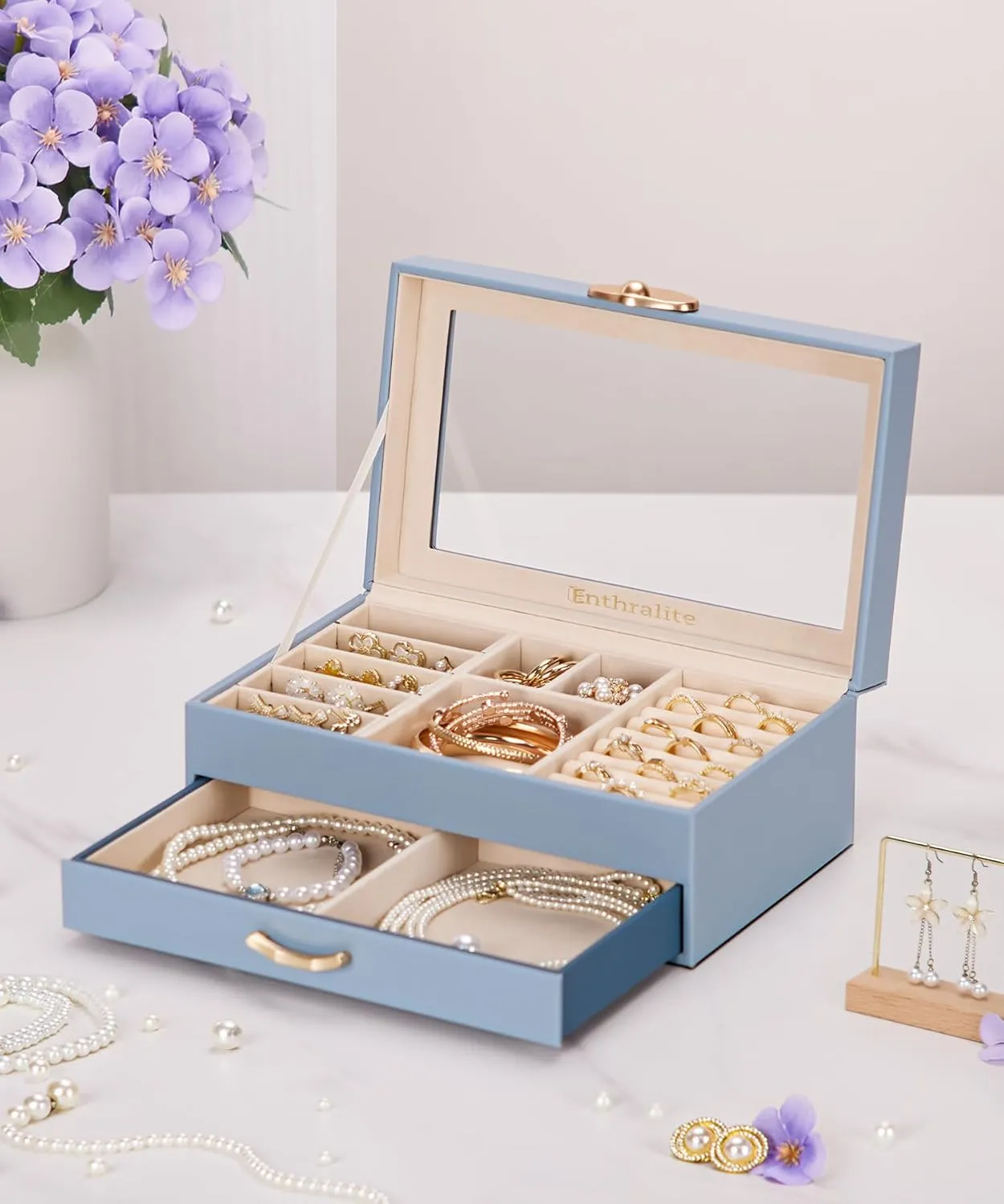 Jewelry Box with 1 Drawers: Display Organizer for Earrings Necklaces - Gift for Girls Women (Grey Blue)