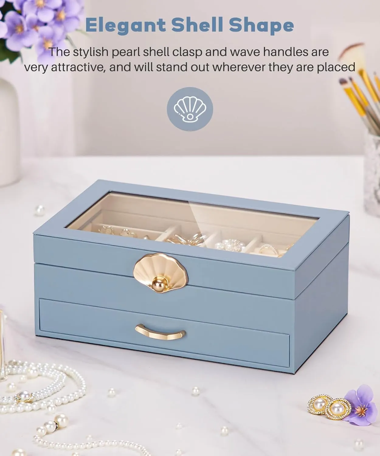 Jewelry Box with 1 Drawers: Display Organizer for Earrings Necklaces - Gift for Girls Women (Grey Blue)