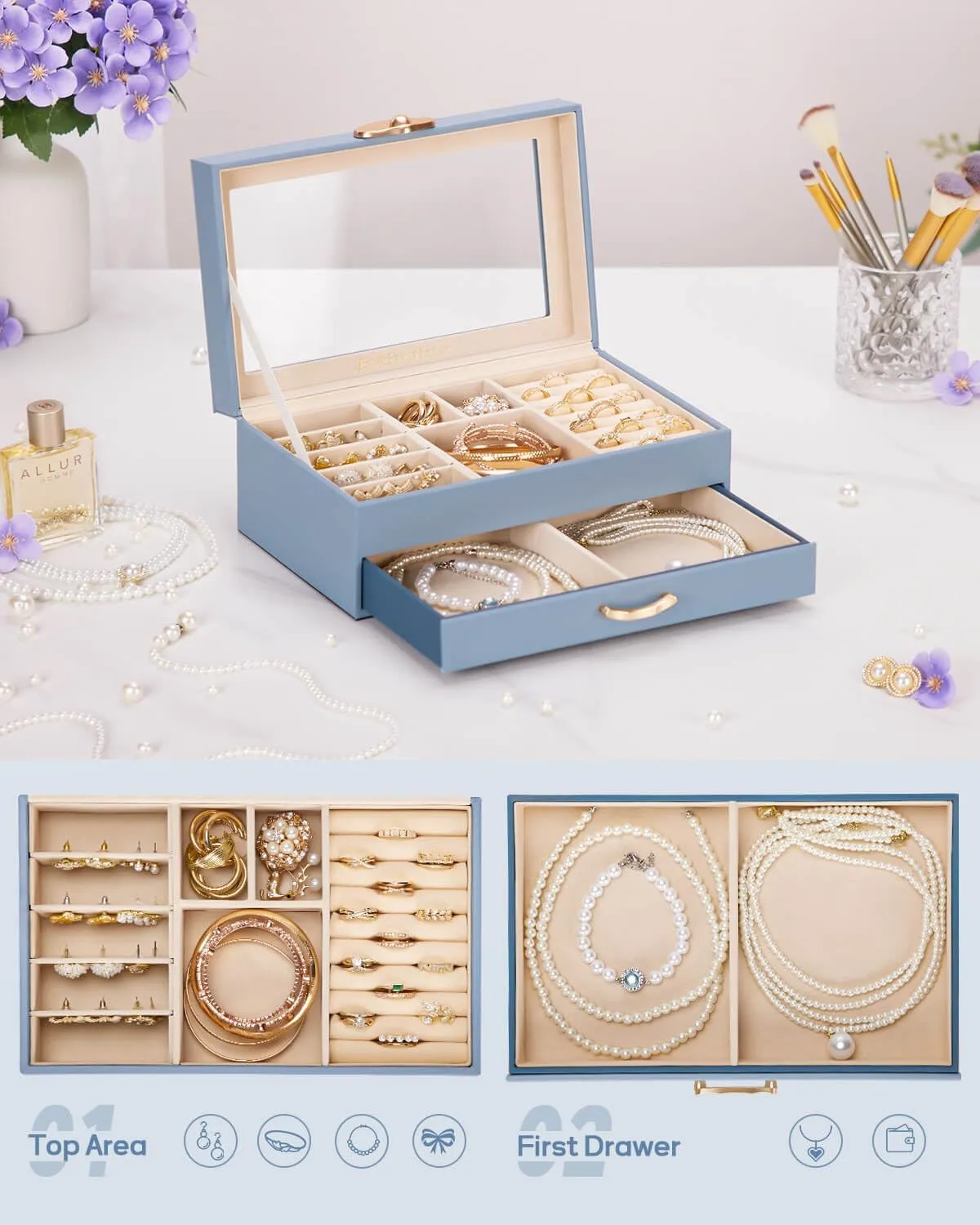 Jewelry Box with 1 Drawers: Display Organizer for Earrings Necklaces - Gift for Girls Women (Grey Blue)