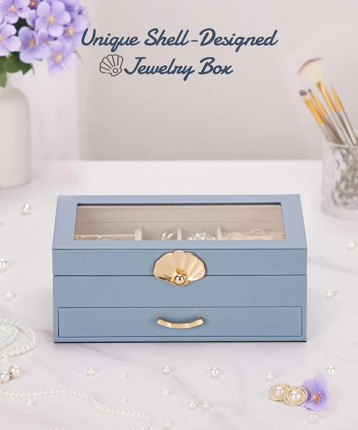 Jewelry Box with 1 Drawers: Display Organizer for Earrings Necklaces - Gift for Girls Women (Grey Blue)