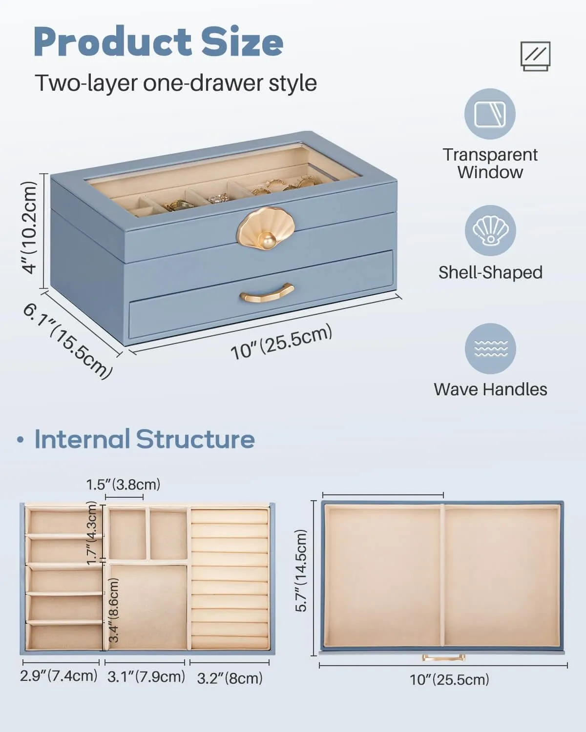 Jewelry Box with 1 Drawers: Display Organizer for Earrings Necklaces - Gift for Girls Women (Grey Blue)