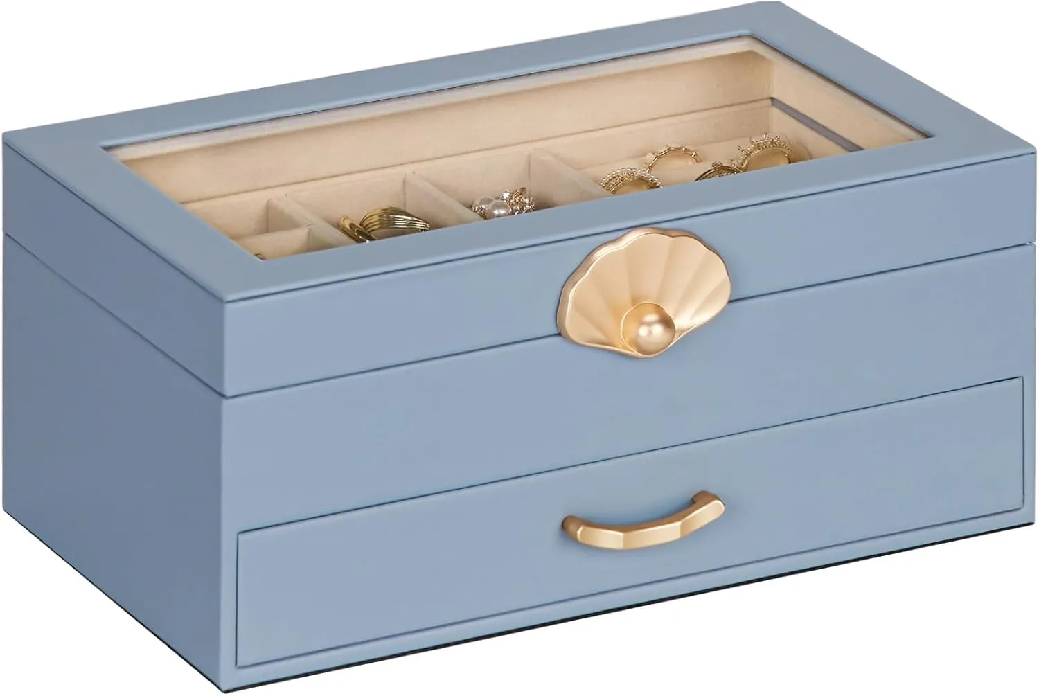 Jewelry Box with 1 Drawers: Display Organizer for Earrings Necklaces - Gift for Girls Women (Grey Blue)