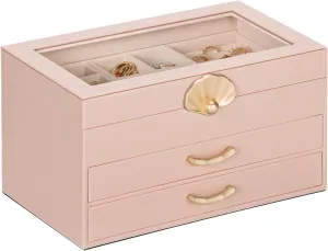 Jewelry Box with 2 Drawers: Display Organizer for Earrings Necklaces - Gift for Girls Women (Peach Pink)