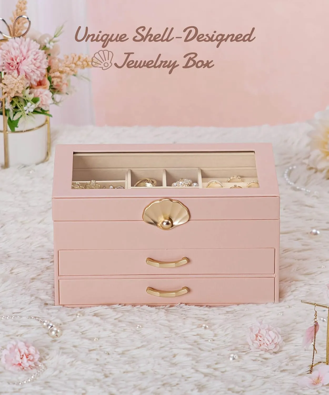 Jewelry Box with 2 Drawers: Display Organizer for Earrings Necklaces - Gift for Girls Women (Peach Pink)