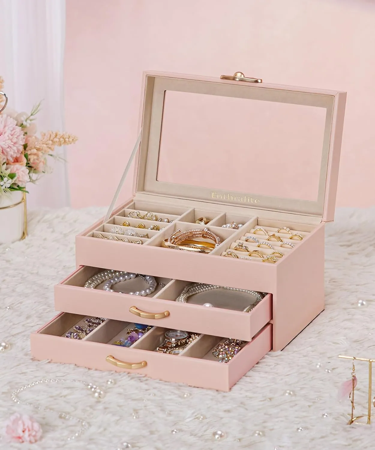 Jewelry Box with 2 Drawers: Display Organizer for Earrings Necklaces - Gift for Girls Women (Peach Pink)