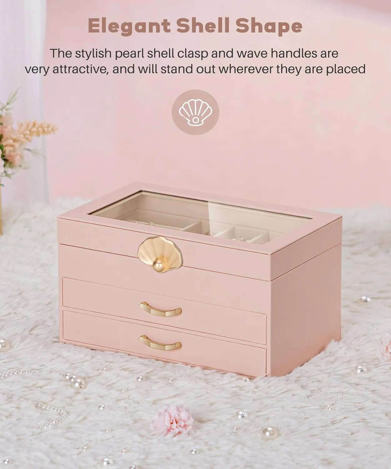 Jewelry Box with 2 Drawers: Display Organizer for Earrings Necklaces - Gift for Girls Women (Peach Pink)