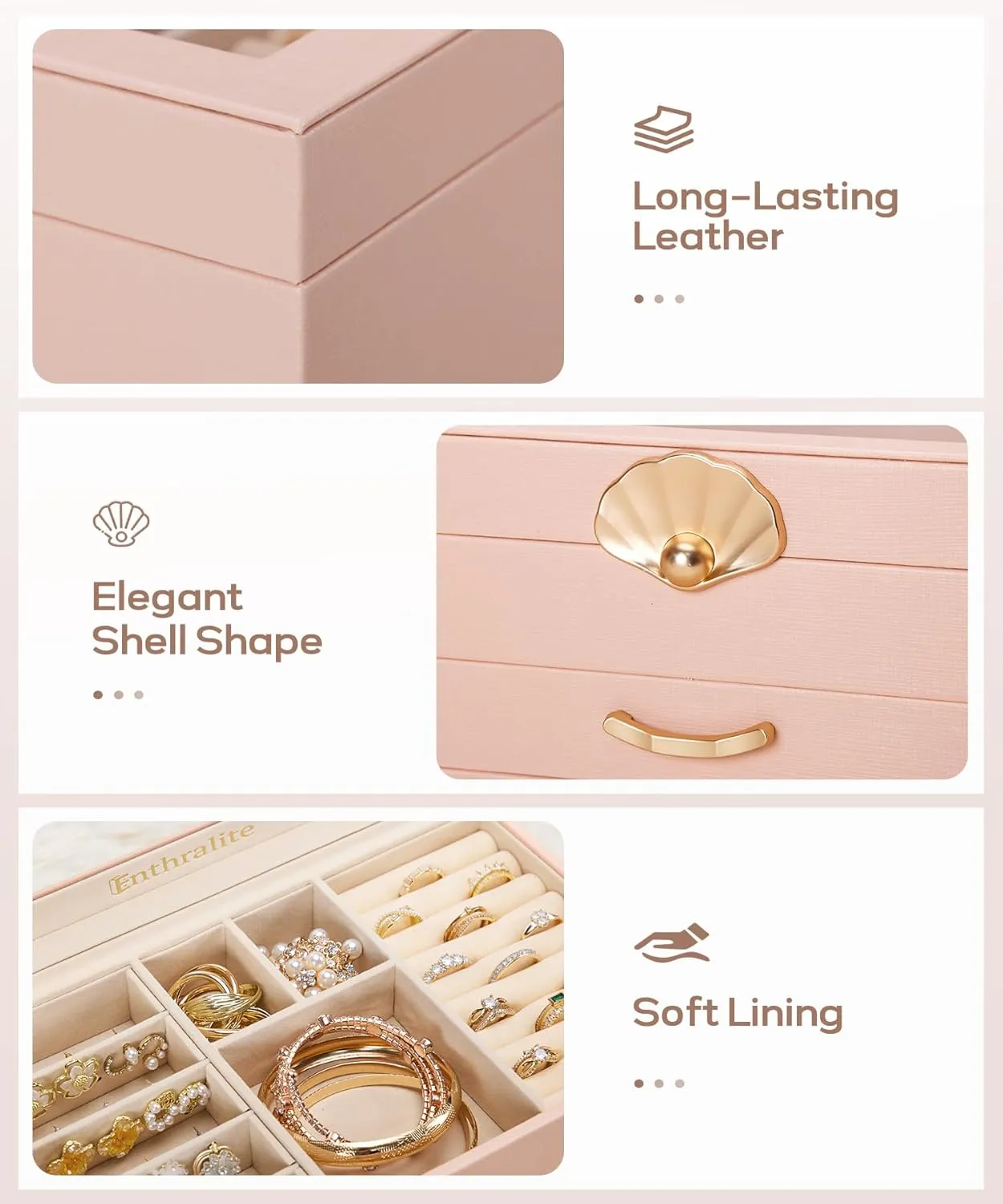 Jewelry Box with 2 Drawers: Display Organizer for Earrings Necklaces - Gift for Girls Women (Peach Pink)