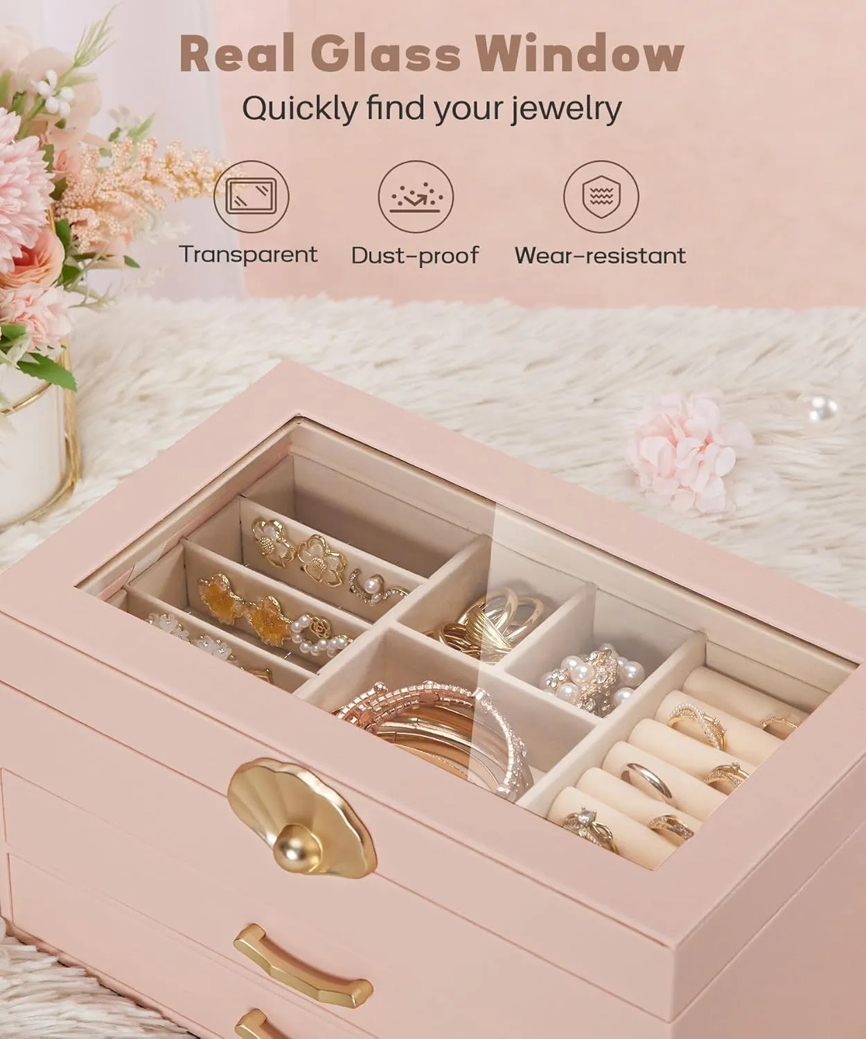 Jewelry Box with 2 Drawers: Display Organizer for Earrings Necklaces - Gift for Girls Women (Peach Pink)
