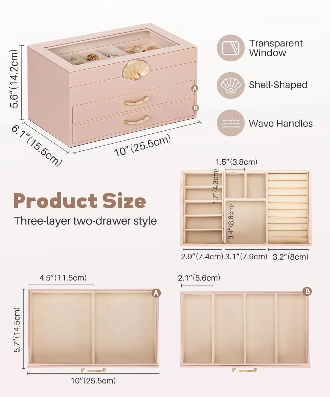 Jewelry Box with 2 Drawers: Display Organizer for Earrings Necklaces - Gift for Girls Women (Peach Pink)