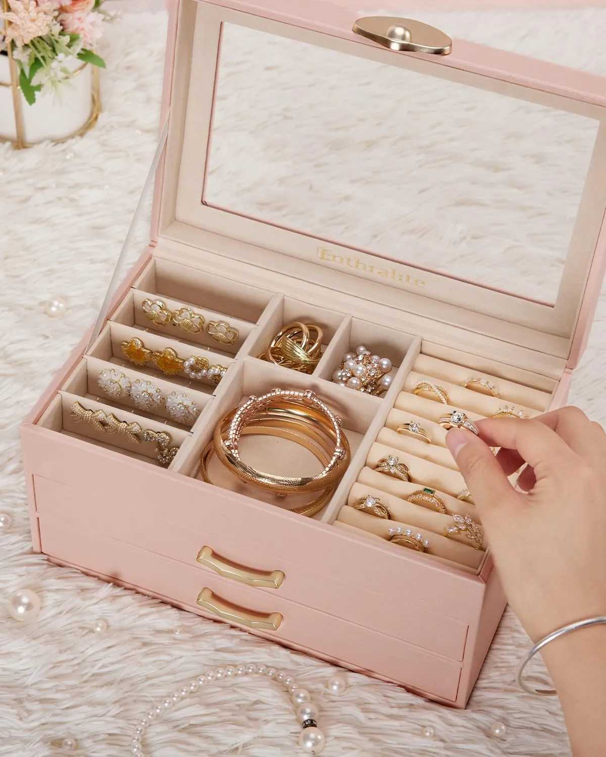 Jewelry Box with 2 Drawers: Display Organizer for Earrings Necklaces - Gift for Girls Women (Peach Pink)
