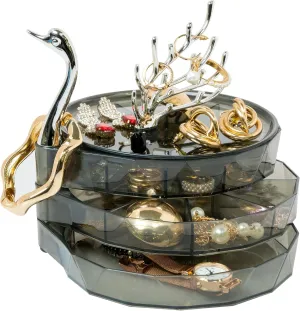 Jewelry Holder Organizer for Women, 3-Layer Rotating Jewelry Tray Case, Swan Shaped Lid for Rings, Earrings and Necklaces, Jewelry Storage Box Christmas Gifts for Mom Friends Girls, Grey