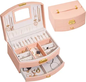 Jewelry Organizer Box 2 Layers Jewelry Case, PU Display Case with Mirror&Ring Tray, Rings Earring Necklace Bracelet Display and Storage Case for Women Girl Pink