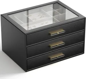 Jewelry Organizer with Glass Lid, 3-Layer Jewelry Box, 3 Drawers, for Big and Small Jewelry, Earrings, Rings, Necklaces - Ideal Gift for Women, Midnight Black (Model A1307BK)