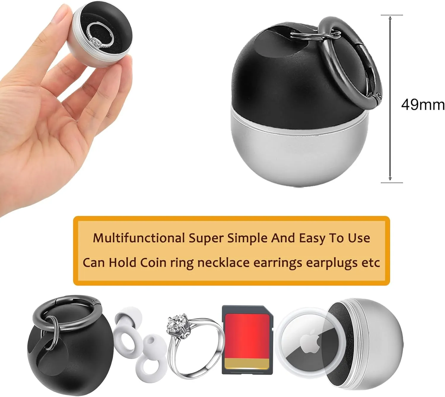 Jewelry Storage Box Case Gym Storage Jewelry Storage Box Case, Ring Organizer Container with Protective Sponge,Jewelry Care Protective Ring Holder with Keychain (1-Tier Black with Silver)