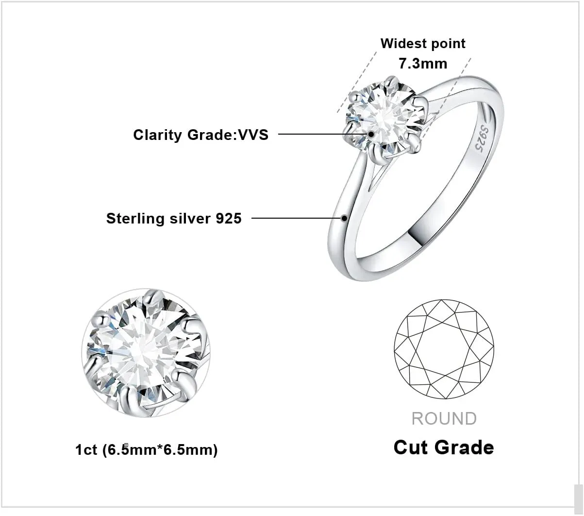 JewelryPalace Classic 0.5-2ct Round Cut Moissanite Solitaire Engagement Rings for Women, 14K White Yellow Rose Gold Plated 925 Sterling Silver Promise Ring, Simulated Diamond Anniversary Rings D-F VVS